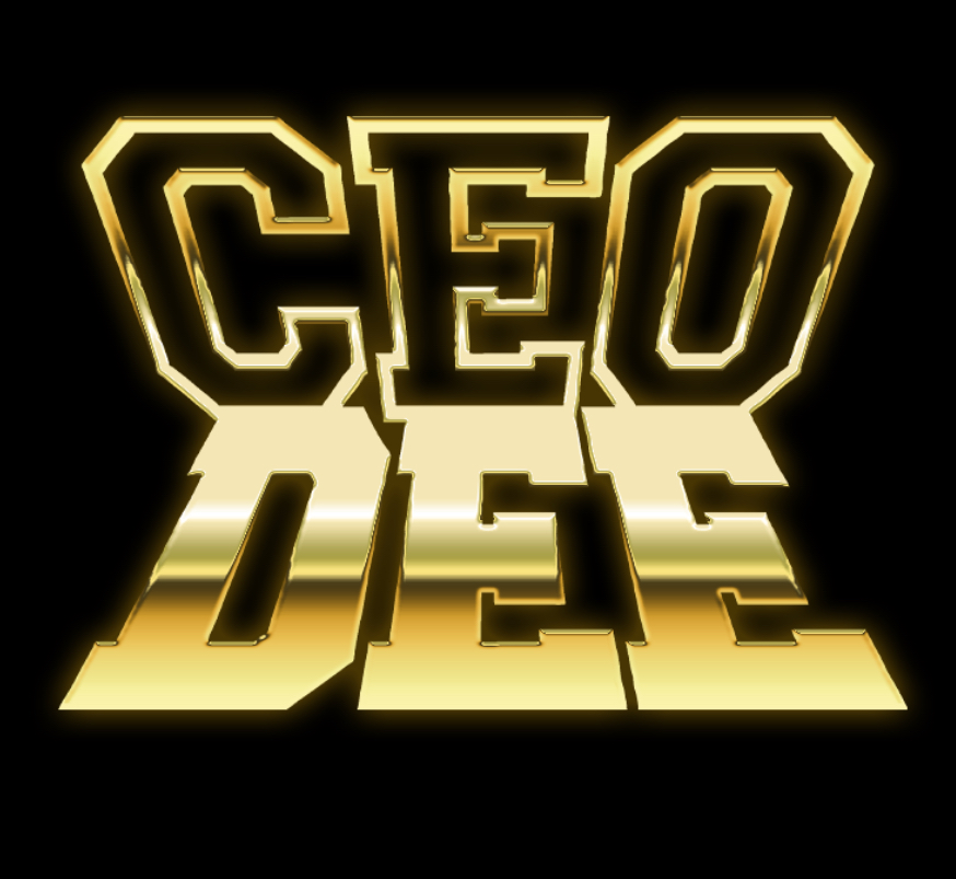 Original gold CEO Dee logo on a black background.